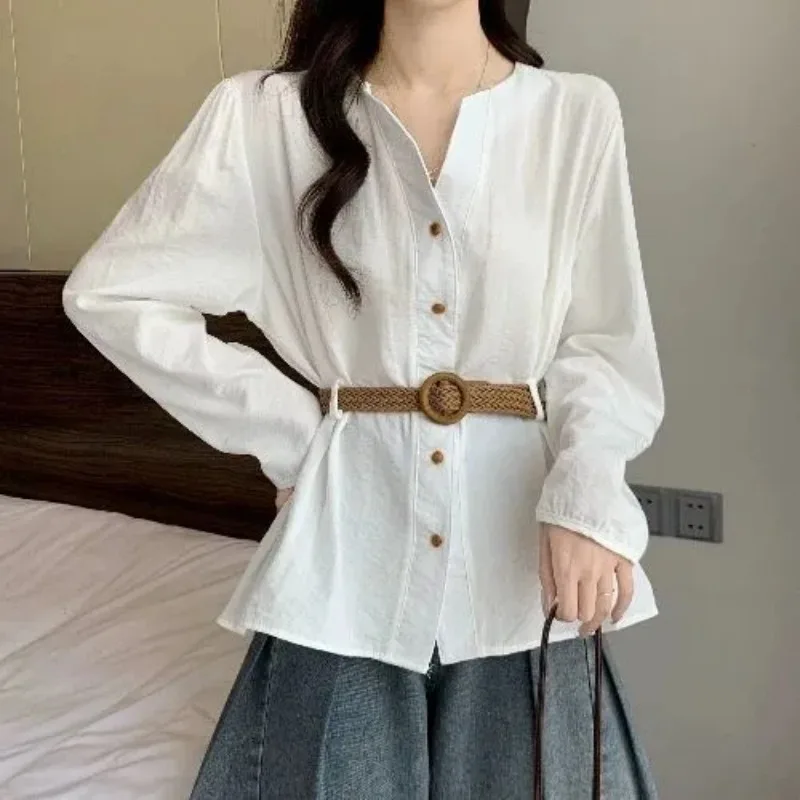 French Style Light Blue Long-sleeved Shirt for Women Autumn New Versatile Waist Top