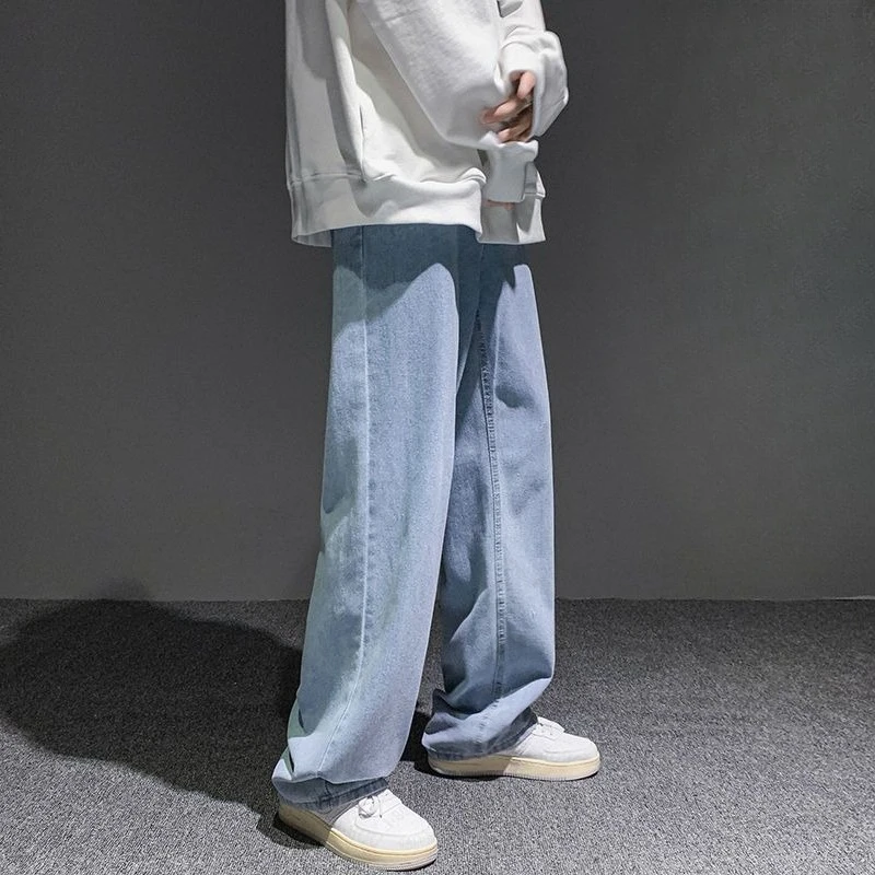 Winter Mens Ins Style Black Denim Pants Loose Straight All-Match Fashion Edgy Wide Leg Jeans