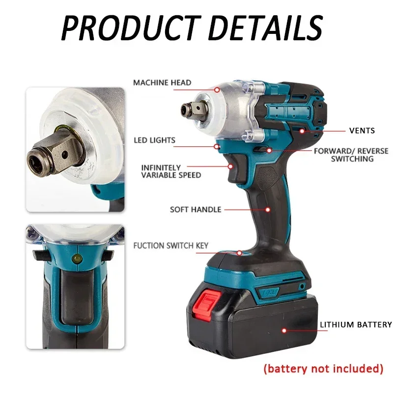 2 IN 1 Brushless Cordless Electric Impact Wrench 1/2 inch Screwdriver Socket Power Tools Compatible for Makita 18V（no battery）