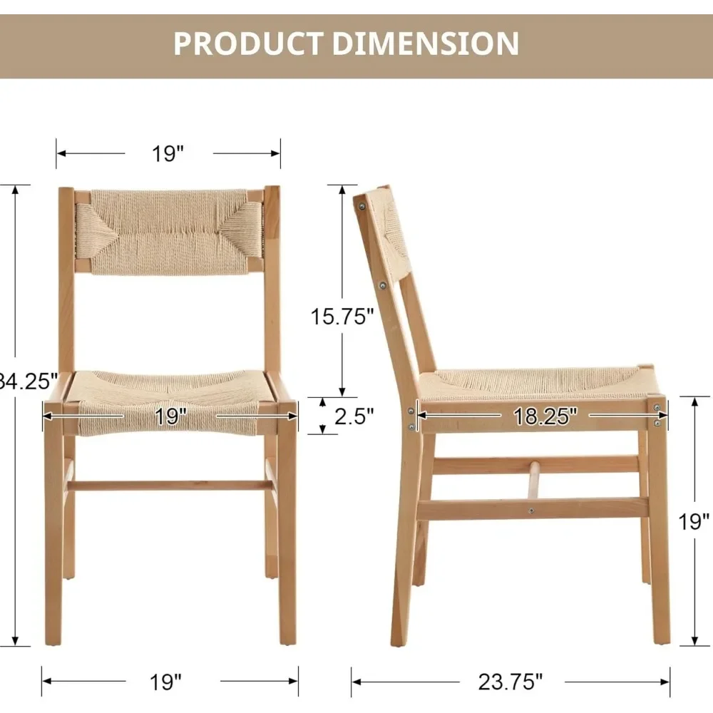 Dining Chair Set of 4 with Weave Hemp Seat and Back Armless Wicker, Mid Century Modern Rattan Beechwood Woven Dining Chair