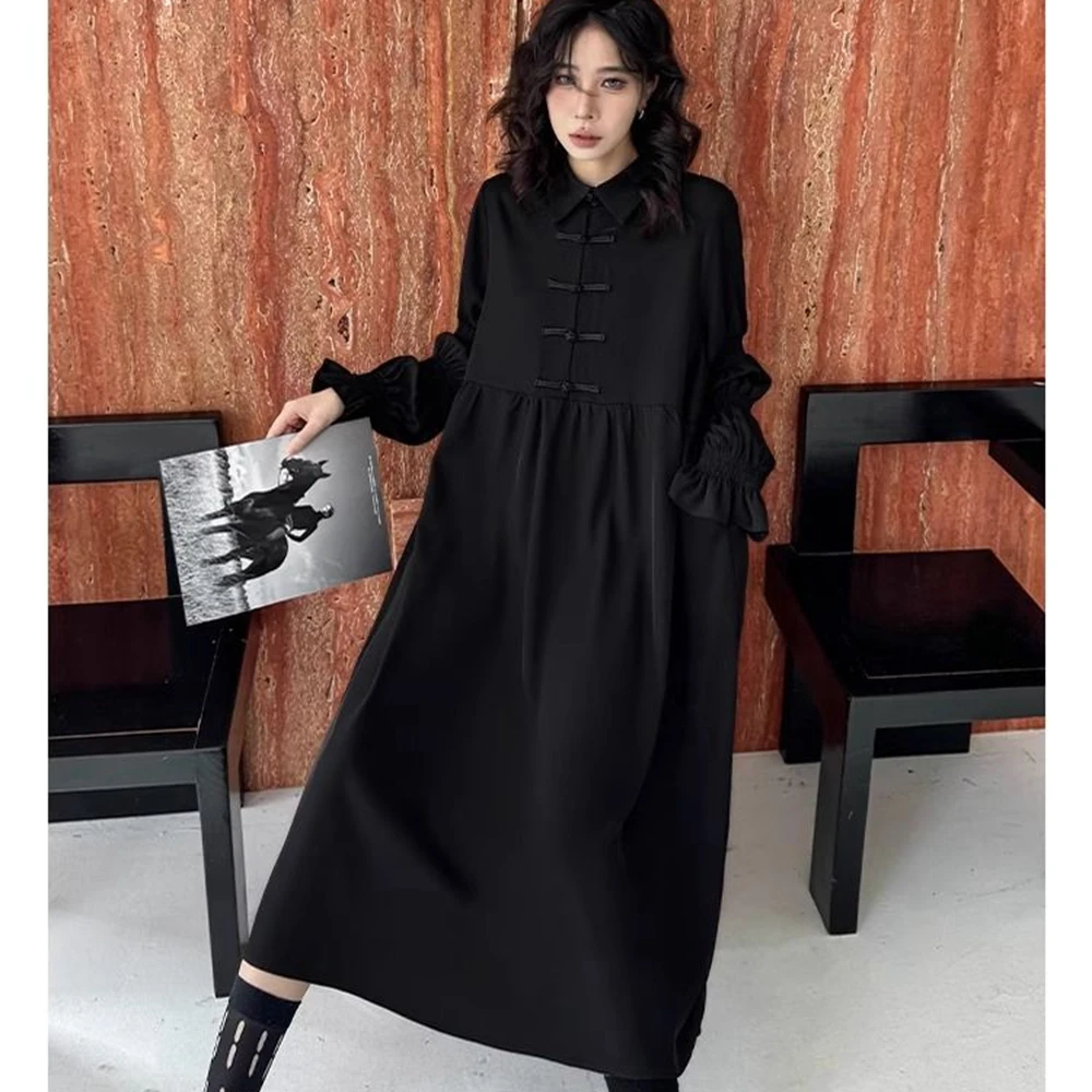 Plus Size 5XL 150kg Autumn Spring Black Dress for Women Long Sleeve Solid Dresses Casual Loose Waist Dresses