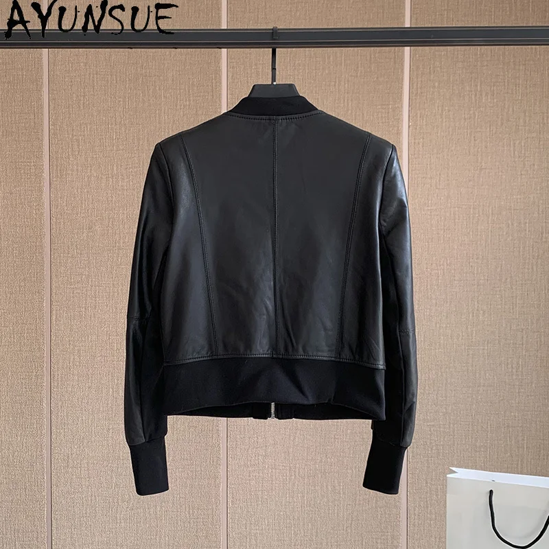 AYUNSUE Vestes en peau de mouton véritable Femme 2025 Automne Mode Patchwork Veste de baseball en cuir Femme Vêtements de haute qualité 가자켓 킹