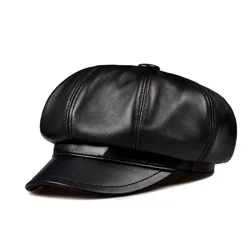 Retro Octagonal Real Leather Hat Men's Sheepskin Leather Beret Casual Fashion Student Tongue Cap Snapback Caps For Men