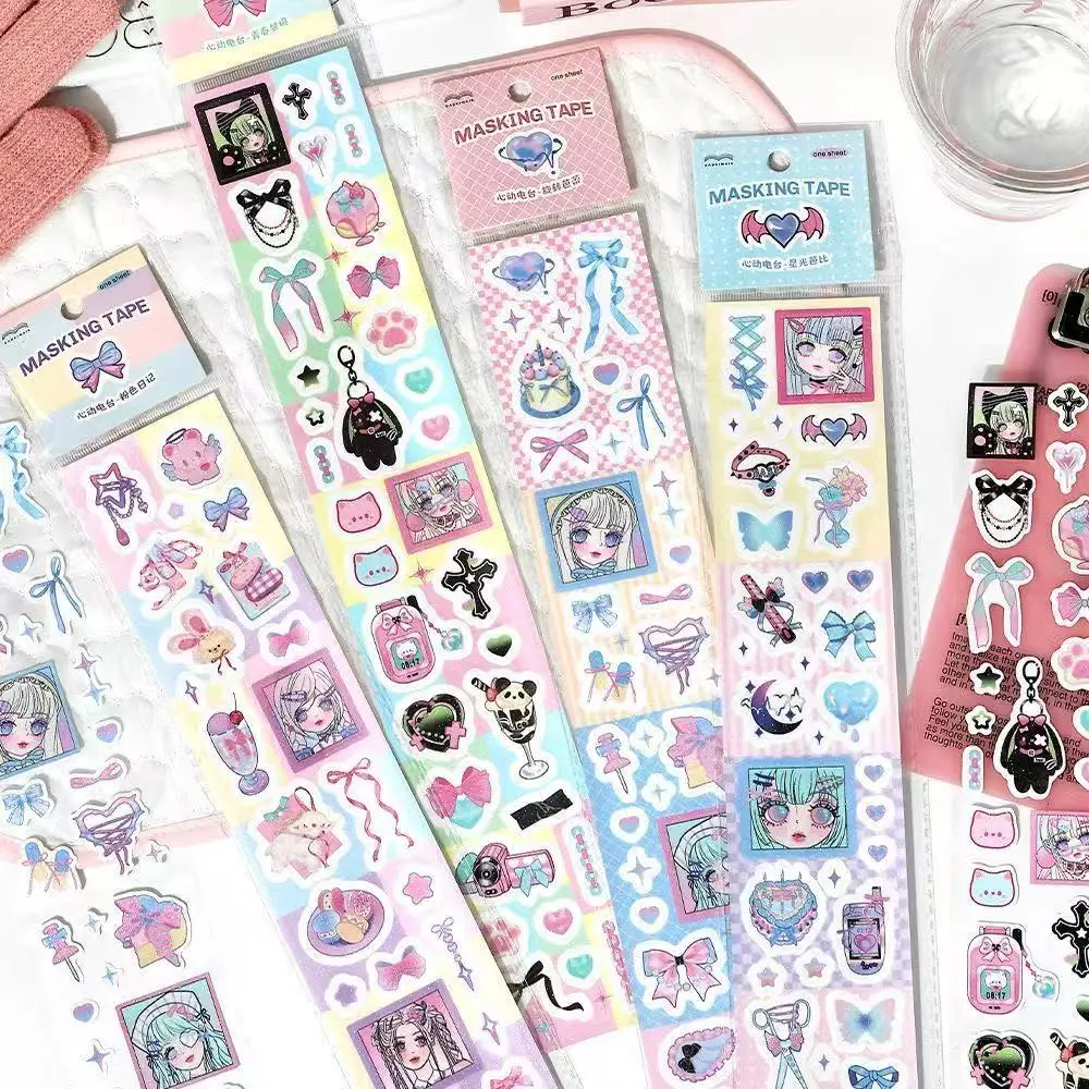 Y2K Cute Retro Stickers Flash Sand Die-cut Antique Handbook Stickers Retro Showa Style Cute Girl Character Handbook Sticker Gift