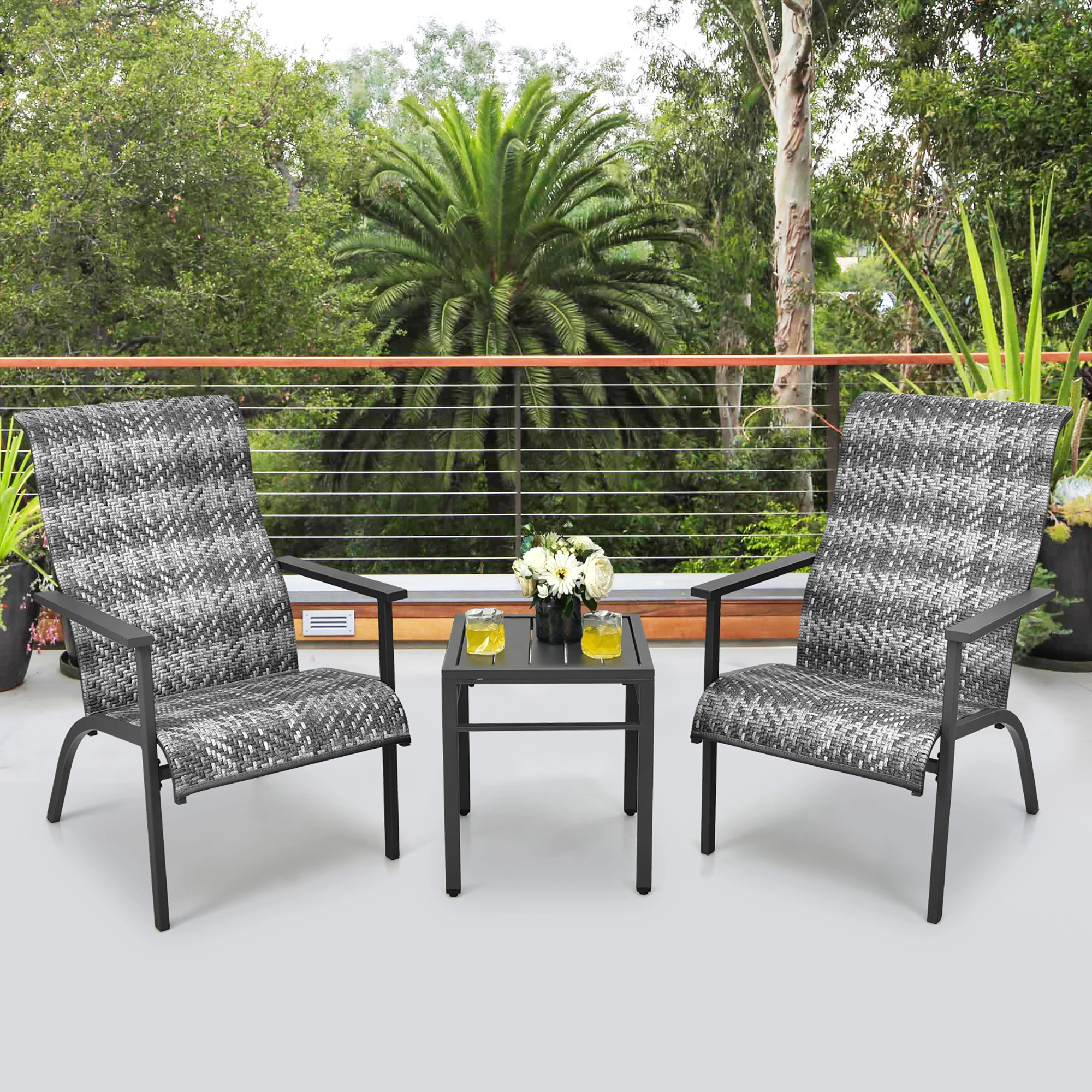 

3 PCS Patio Rattan Bistro Set High Backrest Armrest SideTable Mix Gray