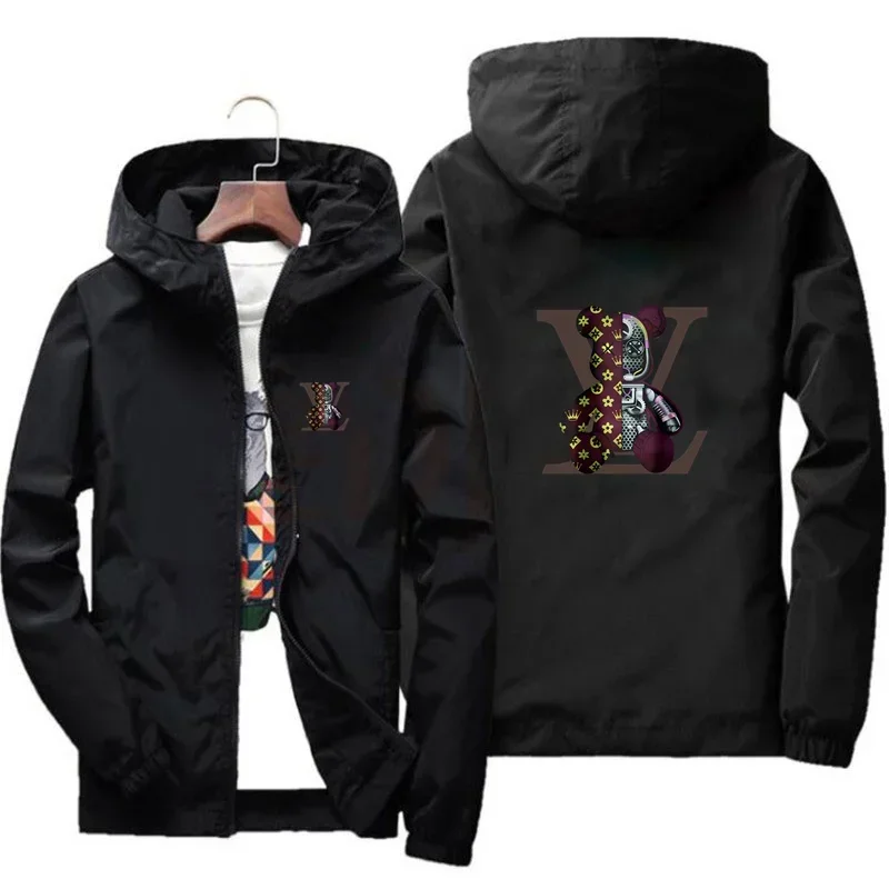 2026 Spring Autumn Men Printed Hooded Windbreaker, Full Zip Windproof Waterproof Casual Outdoor Sport Outer Jacket