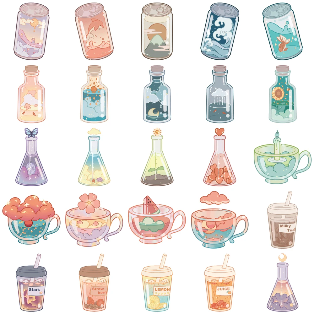 50PCS Creative Bottles Cute Cartoon Stickers Phone Case Decoration DIY Phone Case Notebook Water Cup Waterproof Stickers