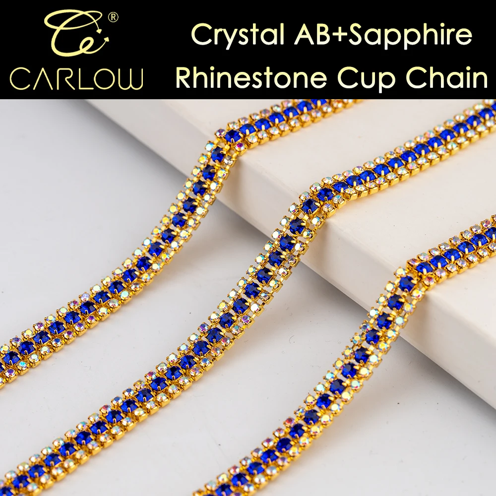 CARLOW Wholse 3 Rows Crystal AB and Saphire Color Rhinestone Cup Chain with Gold Bottom Sew on Rhinestone Trim for Shoes DIY 011