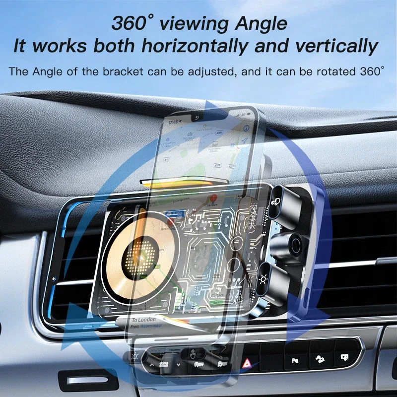 Intelligent in-car wireless charging phone holder, electrically adjustable. 66W fast charging