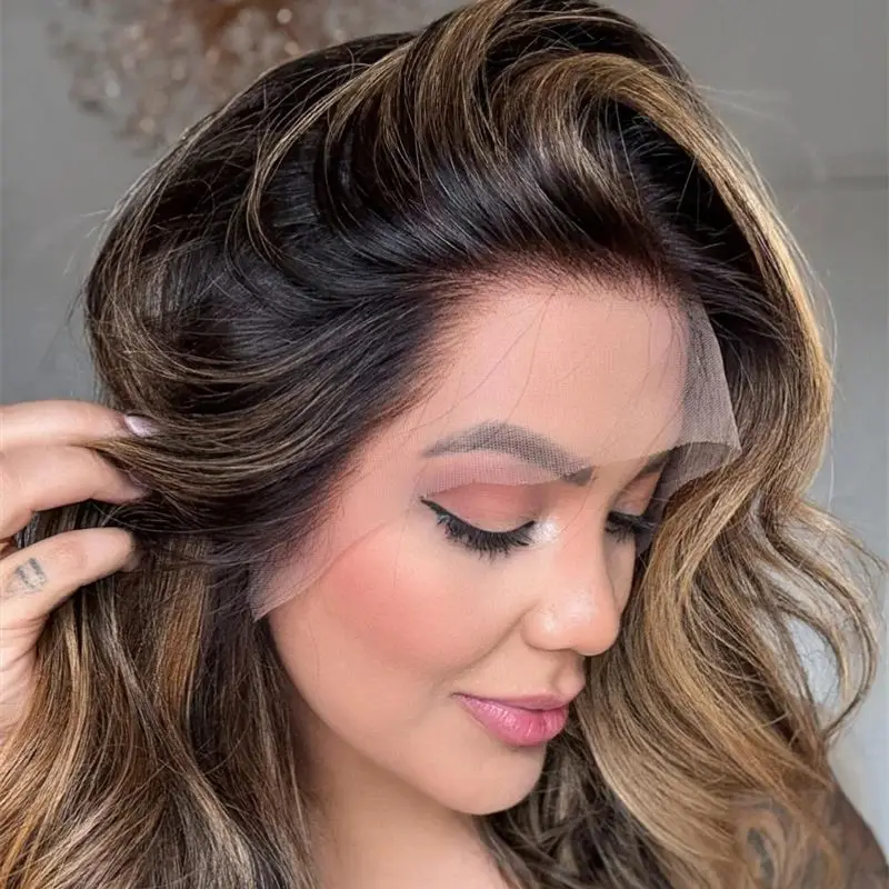 

Synthetic Wig Middle Part Ombre Honey Brown Highlight Lace Frontal Wig for Women Shoulder Heat Resistant Wigs Daily Party Wigs