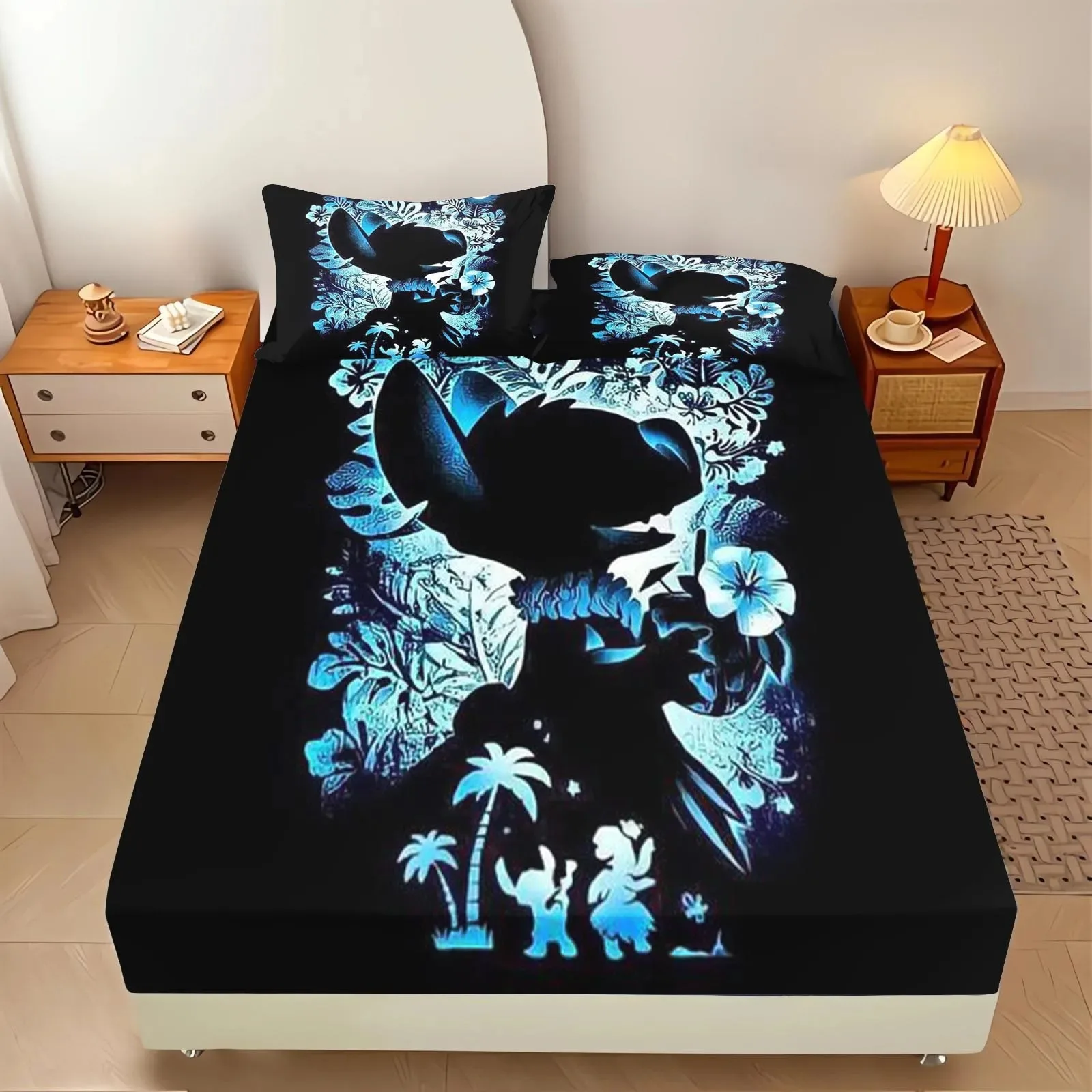 Stitch Bedding Set Fitted Sheet 3pcs,Disney Cartoon Printed With Pillowcase,Suitable For Children And Adults 3D Bedding