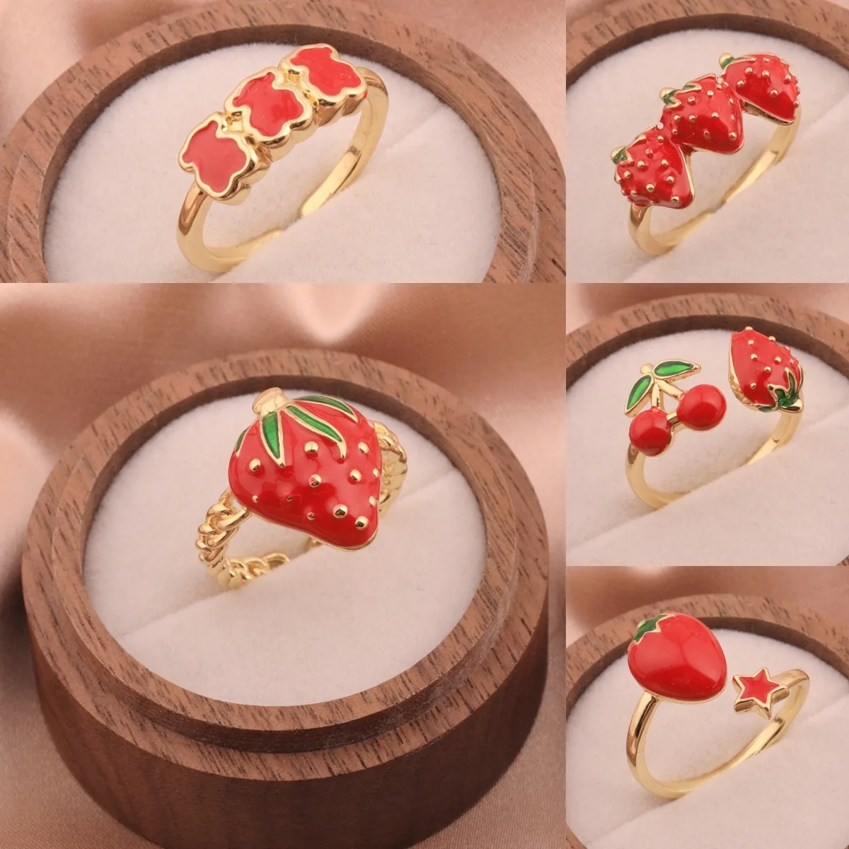 Strawberry Dripping Oil, Sweet Fruit, Clover Open Ring, Fashionable and Simple Hand Jewelry, Gift to Best Friend, Cherry