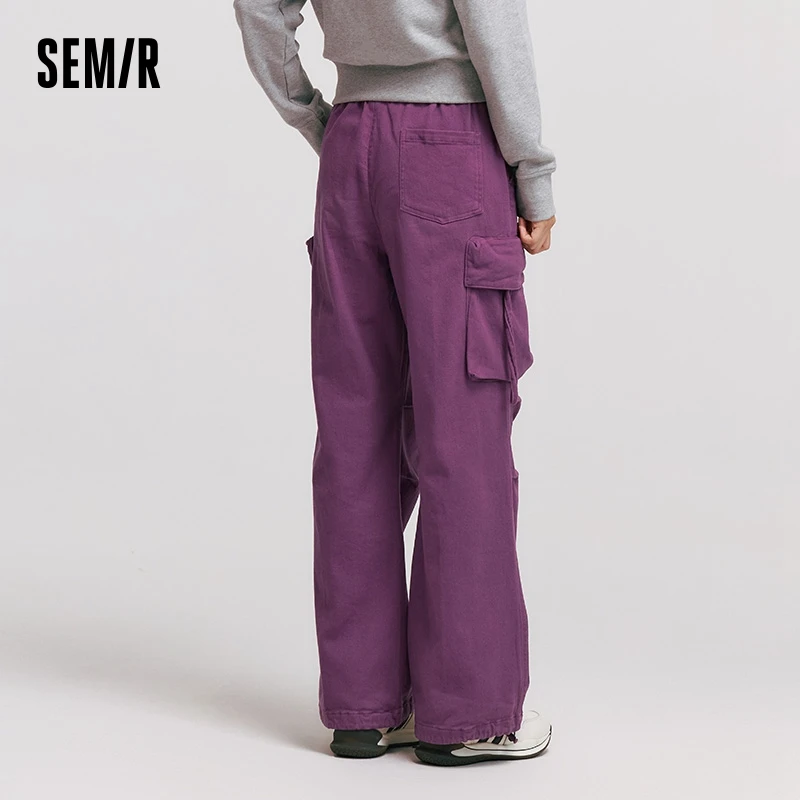 Semir Casual Pants Women Fleece Distressed Work Pants American Retro Style Winter Elastic Waist Cool Street Wide-Leg Pants