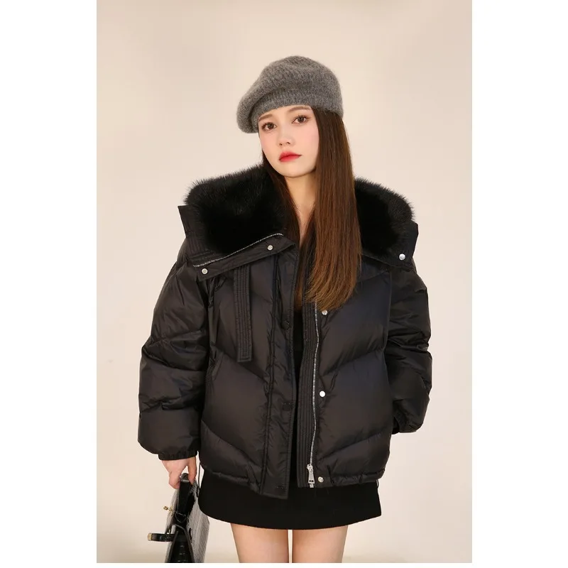 

Модная хлопковая куртка на пуху с меховым воротником, короткое однотонное женское хлопковое пальто, новинка 2025 года, зимняя куртка, толстое теплое повседневное хлопковое пальто