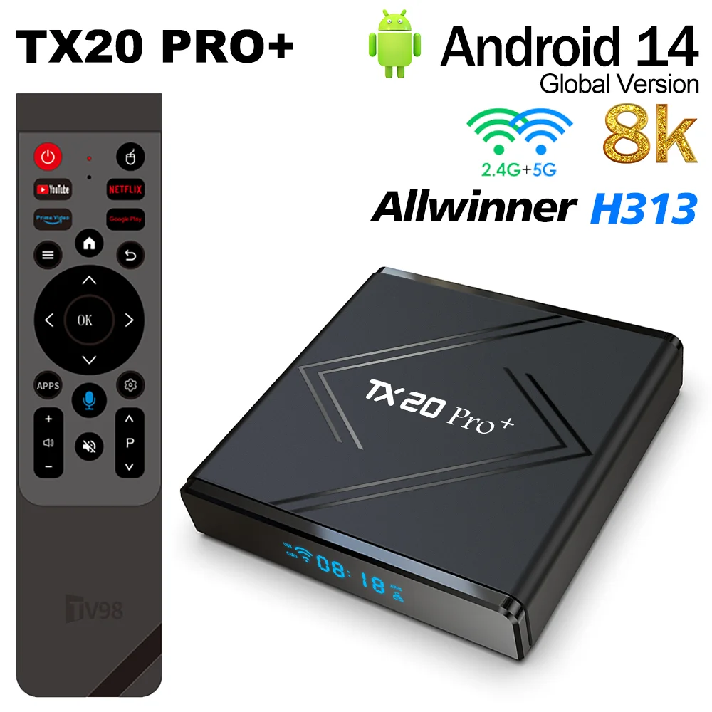 TX20 Pro+ Android14 Smart TV Box Allwinner H313 8K HDR 2.4G&5G Dual WiFi BT5.0 Voice Remote LED Display Streaming Player