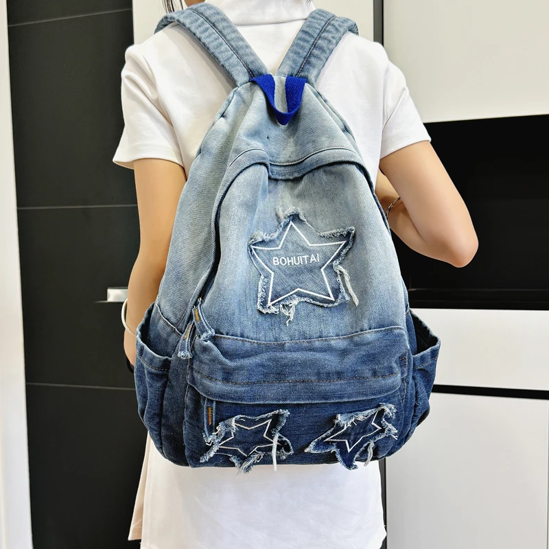 

Denim Zipper Large Capacity Casual Versatile Backpacks Hot Sale Simple Design Interior Zipper Pocket Youth Student Schoolbags