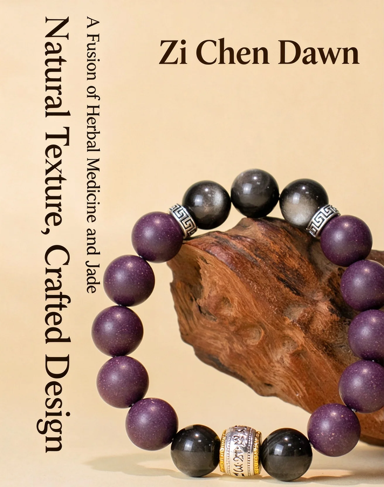 Handmade Scented He Xiang Bead Bracelet, Purple Aroma Beads & Obsidian Stretch Bangle, Chinese Style Unisex Beaded Jewelry