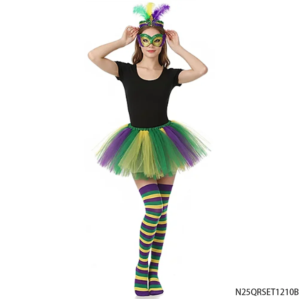 PESENAR Mardi Gras Conjunto de fantasia de penas, máscara de cabeça, saia tutu, meias listradas, acessório de festa