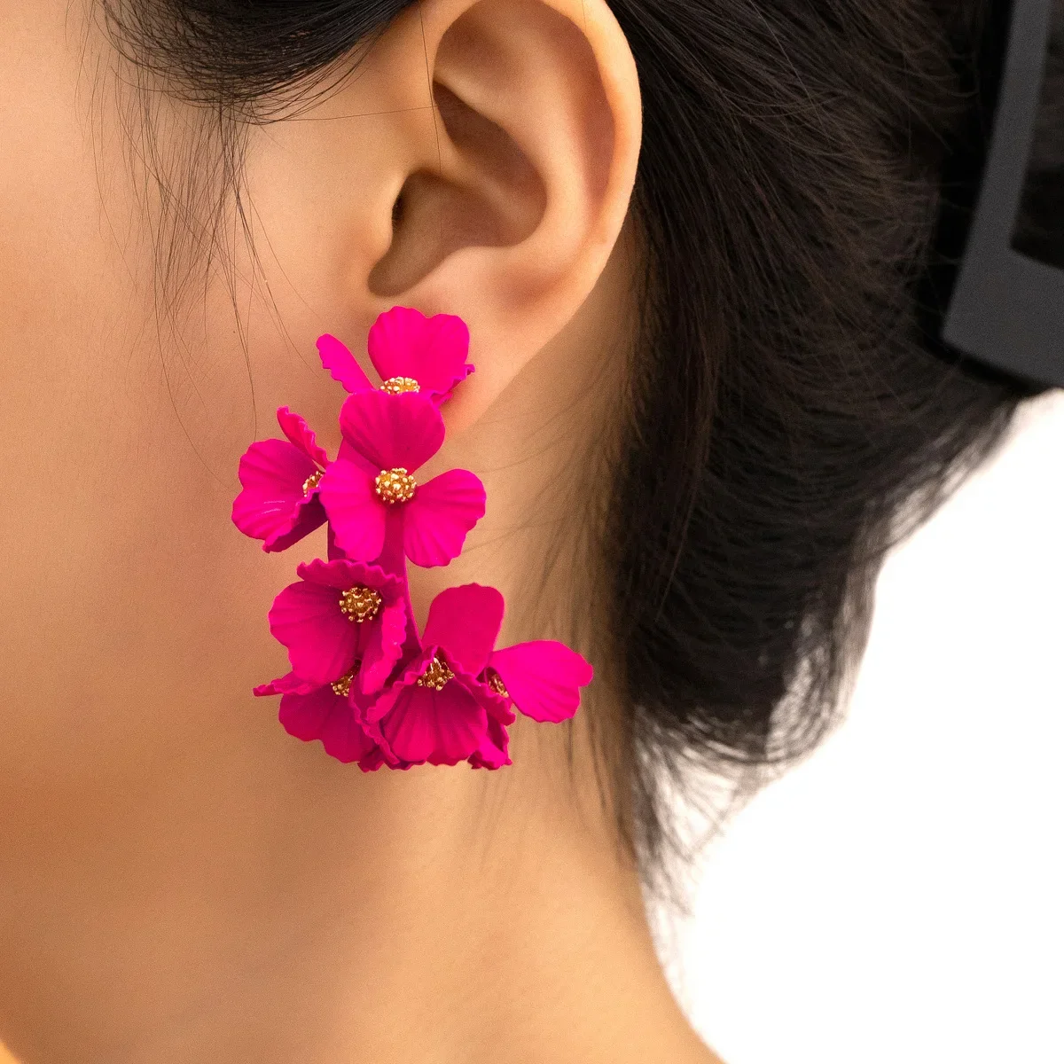 New Trendy C-shaped Colorful Flower Earrings for Women Jewelry Painting Lacquer Floral Elegant Gold-plated Petal Earring