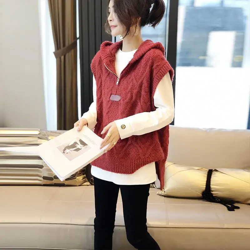 Red hooded knitted vest for women autumn and winter outer wear trendy sweater vest spring wear