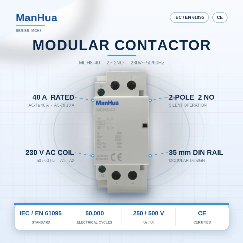 ManHua Modular Contactor MCH8-40 Retail 2P 40A Household Din Rail AC220-240V 2NO 2 Poles Modular Contactor Contattore 220V