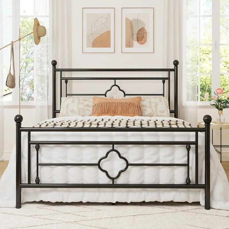 

Metal Platform Bed Frame with Victorian Vintage Headboard and Footboard/Mattress Foundation/Under Bed Storage