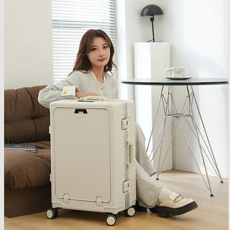 Trolley Suitcase Front Open Luggage Boarding Case Aluminum Frame Large Capacity USB Charging with Cup Holder Trunk 20 24 inch