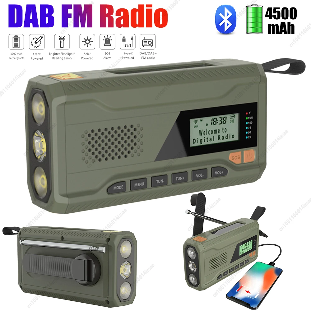 راديو كرنك اليد بالطاقة الشمسية محمول DAB FM راديو بالطاقة الشمسية مع مصباح يدوي LED ومكبر صوت بلوتوث وراديو SOS للطوارئ قابل لإعادة الشحن