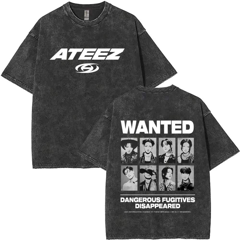 Washed Vintage Kpop ATEEZ Wanted Dangerous Fugitives Disappeared Merch T-shirt Men Women Korean Fashion Trend T Shirt Streetwear