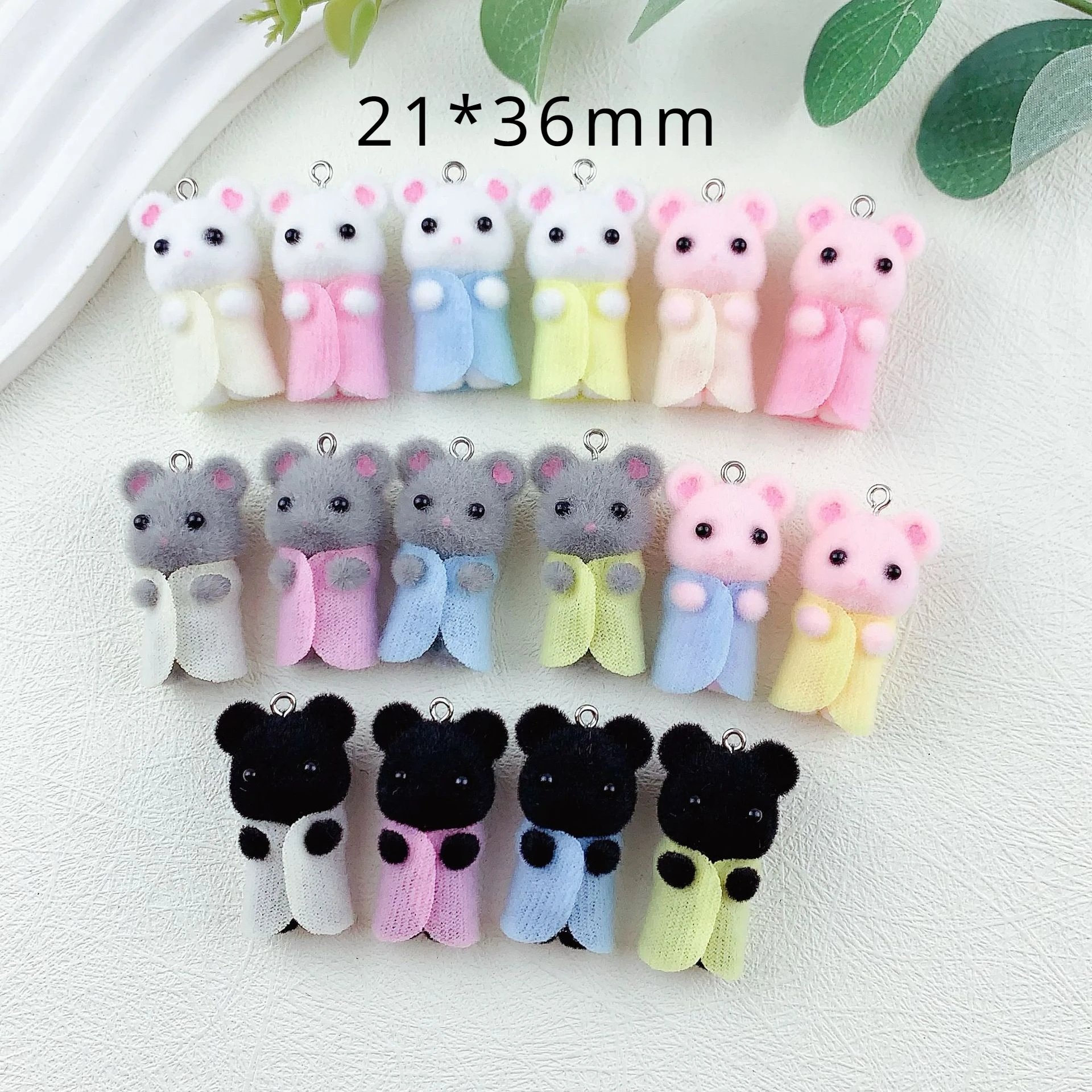 30Pcs Resin Cute Mouse Charms Cartoon Flocked Animal Pendant Earring Keychain Bag Accessories for DIY Crafts Jewelry Make