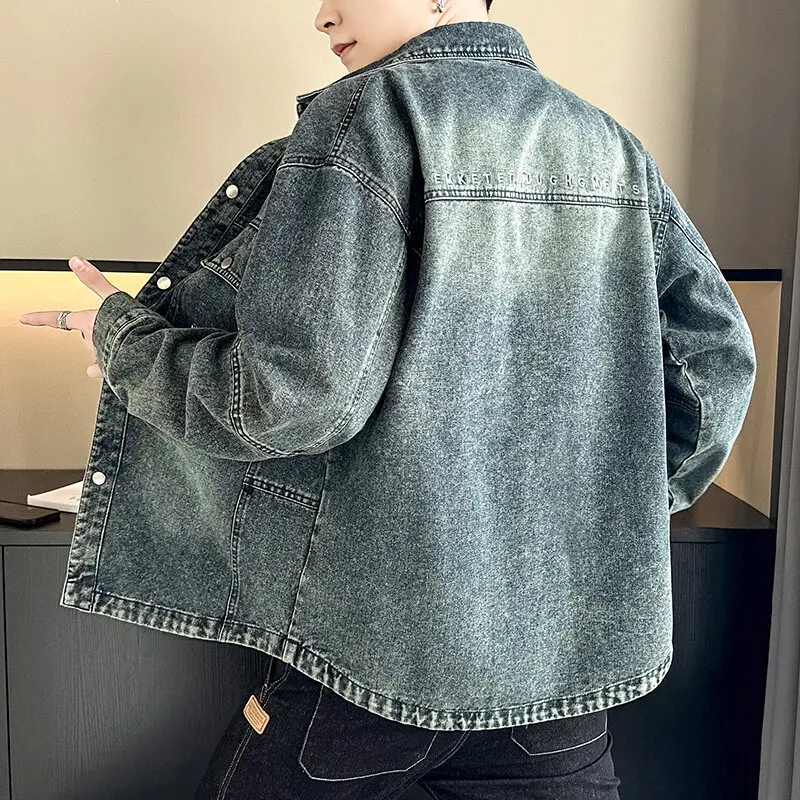 سترة الدنيم المغسولة للرجال: قميص جينز أزرق مغسول ومسامي ومتين ومتعدد الاستخدامات وفضفاض كلاسيكي كلاسيكي.