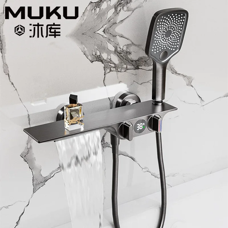 

Bathroom Brass Gun Gray Digital Display Storage Shower Set Black White Wall-Mounted Waterfall Bathtub Faucet Mixing Bath Tub Tap