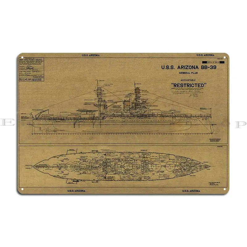 U S S Arizona Battleship Blueprint 1934 Metal Sign Club Cave Garage Cinema Designer Tin Sign Poster