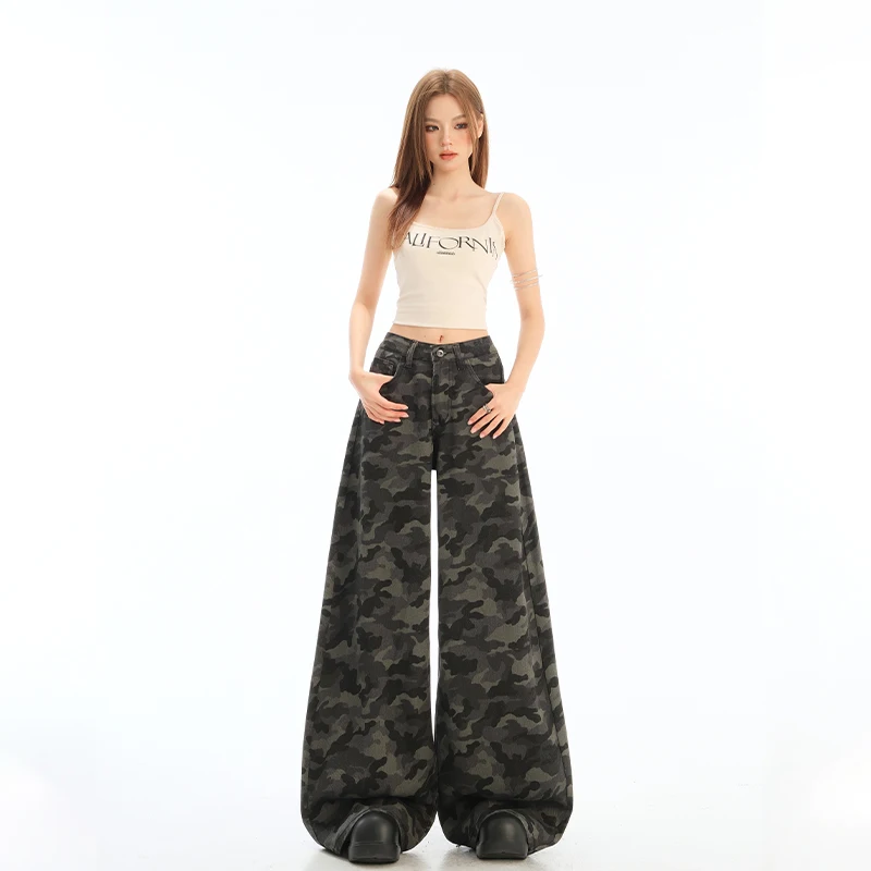 American Sle Workwear Wide Leg Retro Camouflage Jeans Women's High Waist Slim Loose Drapey High Street Straight Leg Pants