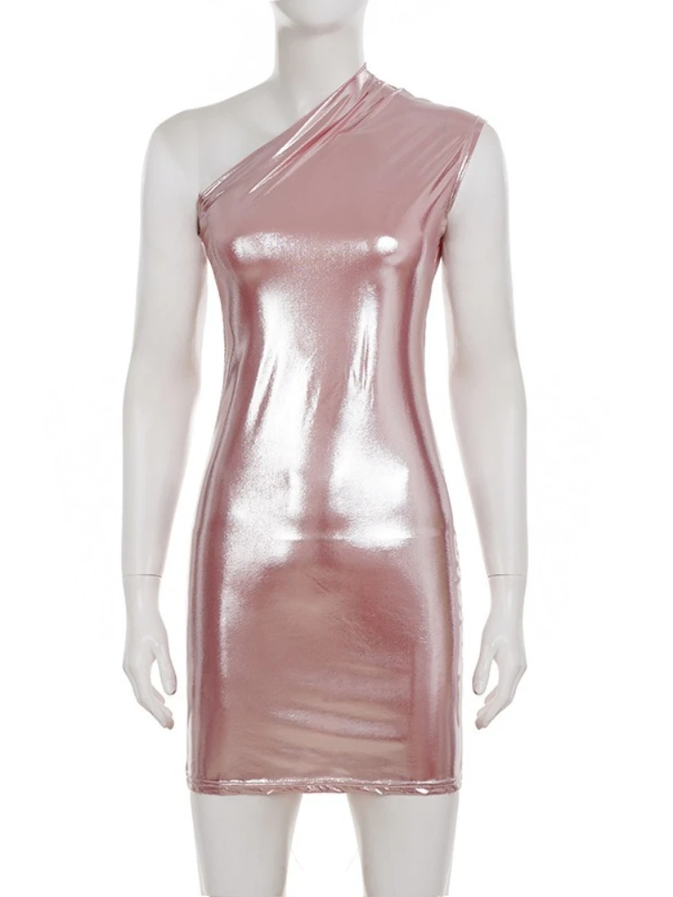 SsTss レディース セクシー シャイニー コーティング アシンメトリー ワンショルダー ボディコン ミニドレス、ソリッドカラー ノースリーブ スリム ボディコン ミニ パーティードレス