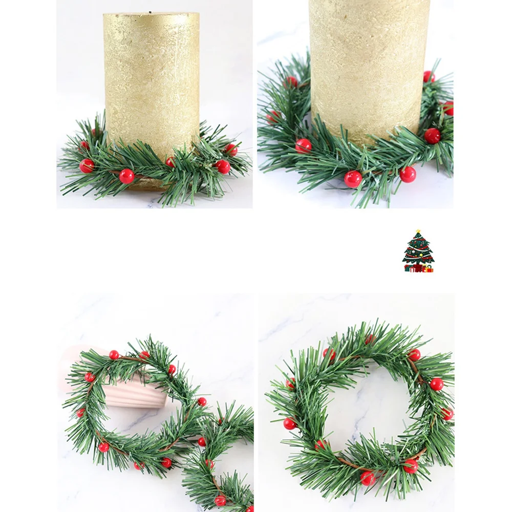 8 PCS Holly Berry Candle Ring Small Artificial Red Berries Pine Needles Wreath for Christmas Garland Ornaments Decor