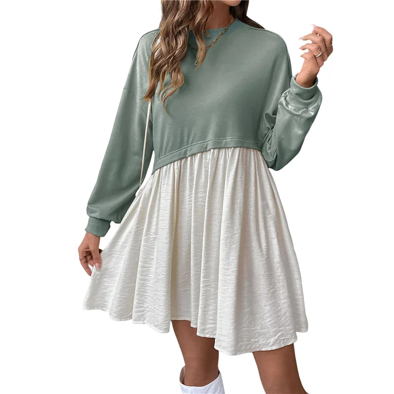 NEW-여성용 컬러 블록 라운드 넥 긴 소매 러플 밑단 캐주얼 A라인 짧은 드레스