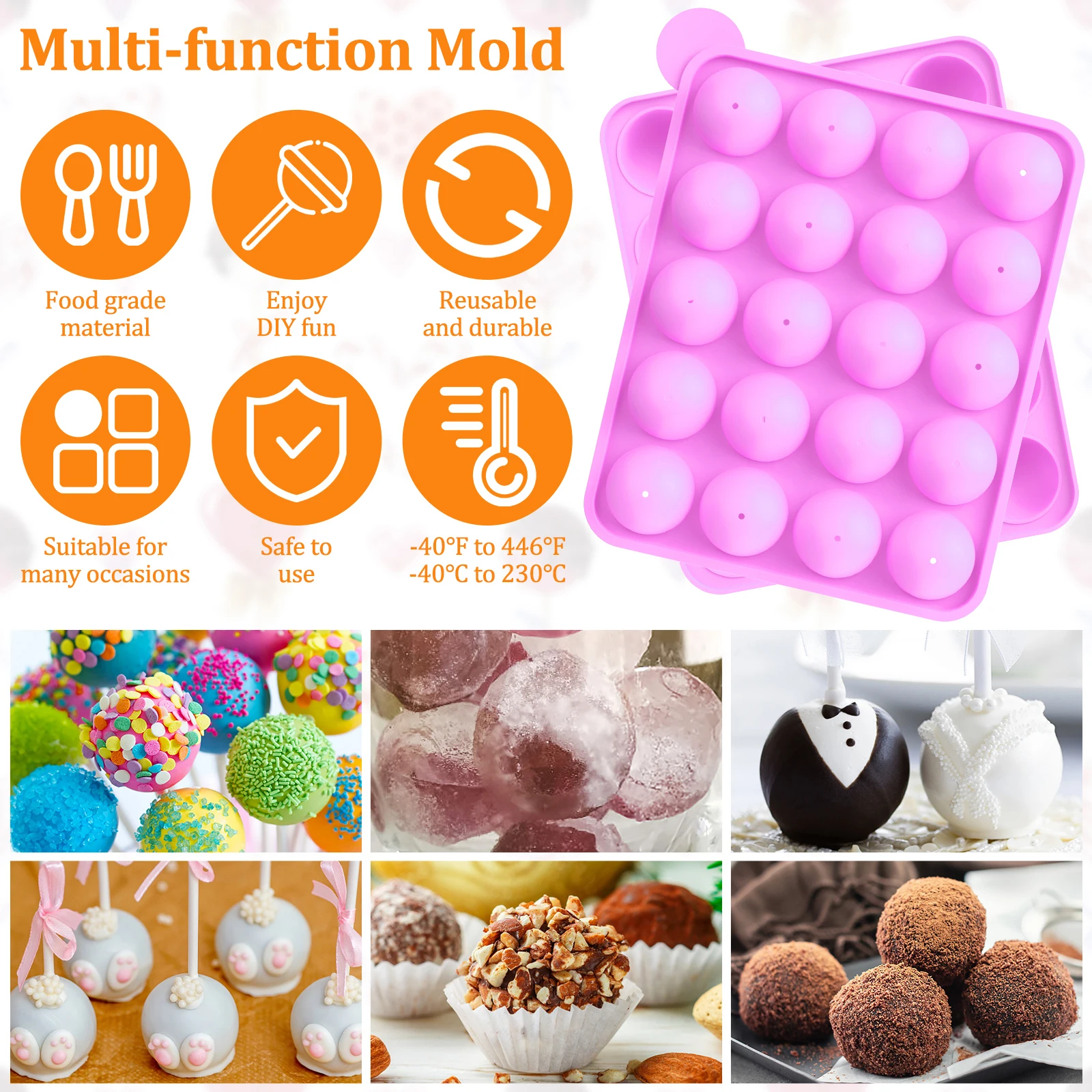 605Pcs Cake Pop Kit 20 Cavity Silicone Lollipop Molds Food Grade Cake Pop Mold Set with Lollipop Sticks 250ml Measuring Cup 4