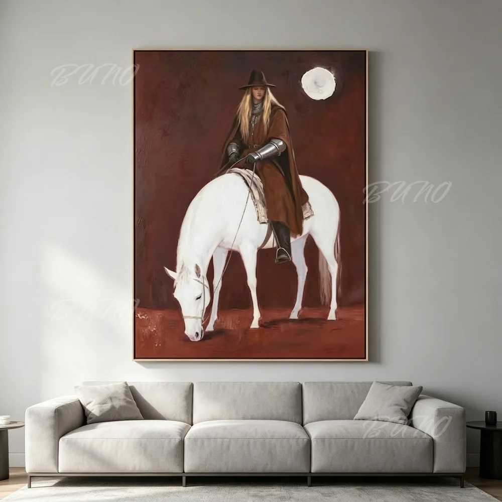 100% Hand Painted Original Abstract Oil Painting Female Knight White Horse Moon Wall Art For Home Living Room Bedroom Decor