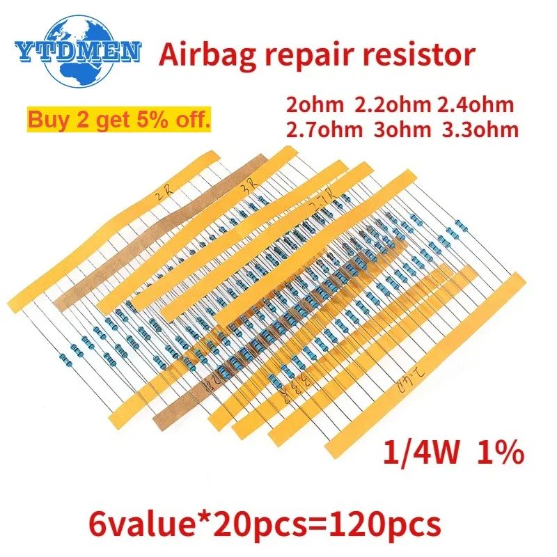 

Комплект металлических пленочных резисторов 120 шт., сопротивление 1/4 Вт 1%, 2 Ом 2,2 Ом 2,4Ом 2,7 Ом 3 Ом 3,3 Ом для автомобиля подушки безопасности ремонт резисторы набор