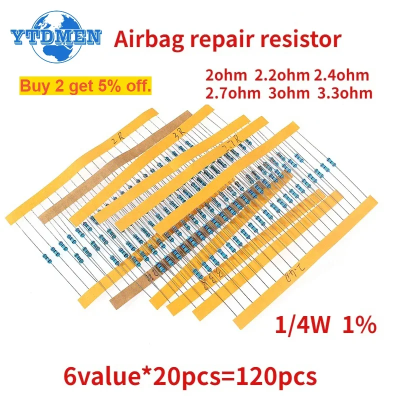 120 sztuk zestaw rezystorów z folii metalowej 1/4w 1% rezystancja 2ohm 2.2ohm 2.4ohm 2.7ohm 3ohm 3.3ohm dla samochodowa poduszka powietrzna rezystor naprawczy 0.25w