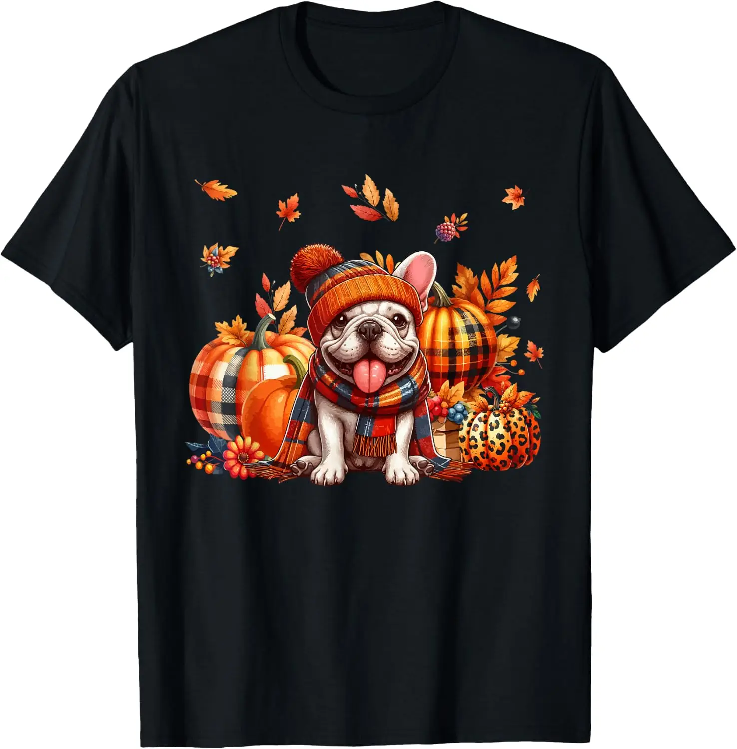French Bulldog Thanksgiving Leopard Pumpkins Fall Leaves T-Shirt 100% Cotton Trendy Y2K Short-Sleeve Tee – Soft, Quick-Drying, &