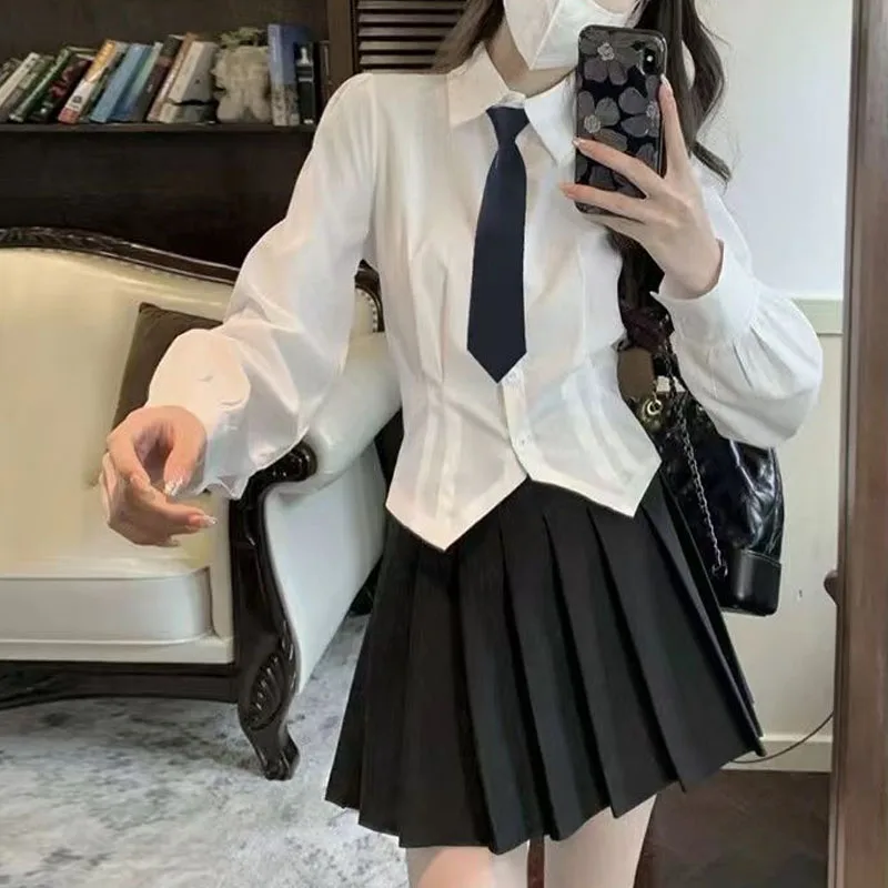 Turn Down Collar Chic Slim Tighten the Waist Short Shirt Especially Black Bow Tie Puff Sleeve Preppy Style Women Cotton Youth