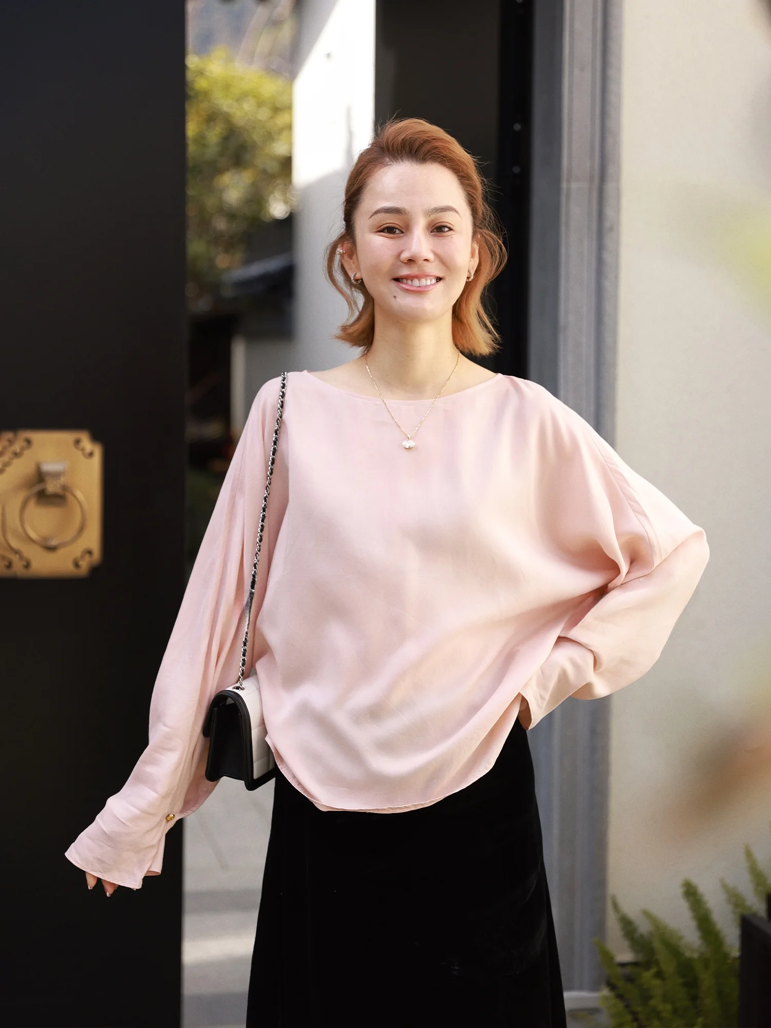 

WinnieTang Silk Long Sleeve Loose Fit Boat Neck Power Silk Shirt Minimalist Style Women's Premium Fashion Top