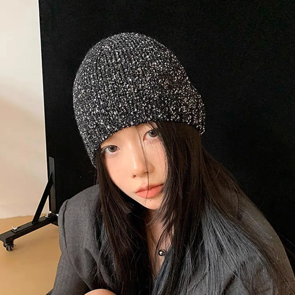 

Korean Style Designer New Y2k Shiny Cold Cool Street Knit Hat Autumn Winter Girl Glitter Fashion Knitted Bag Head Beanie Hat