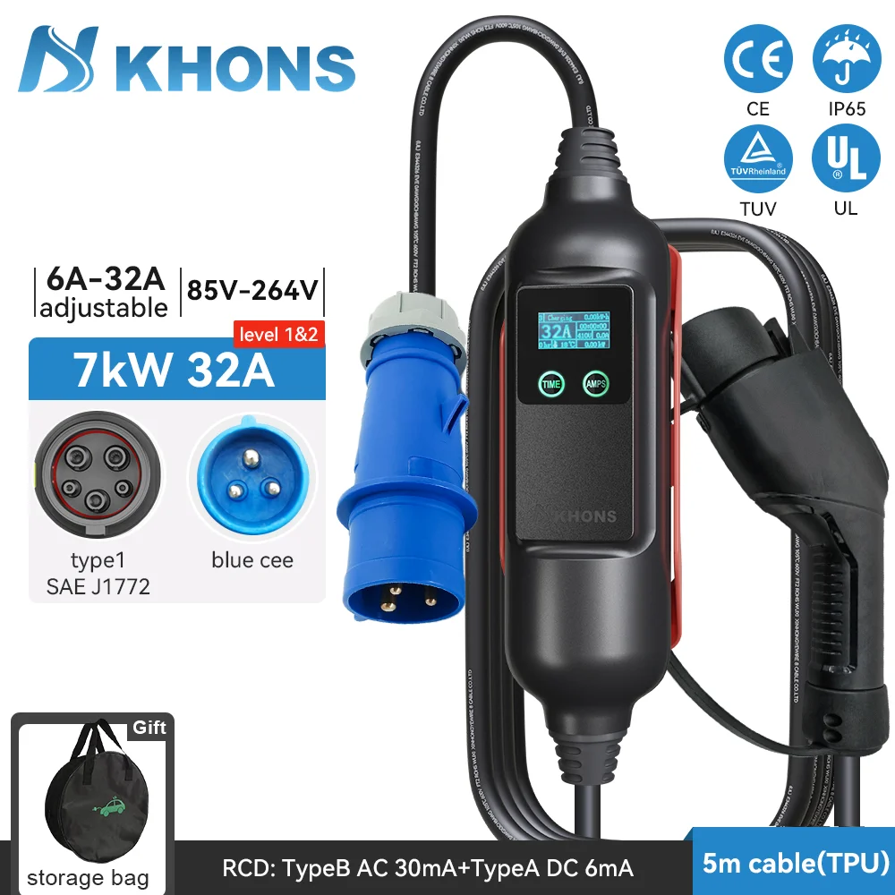 Khons Type1 Caricatore portatile EV Wallbox j1772 32A Caricatore per auto elettrica 7KW 1 fase EVSE Ricarica per veicolo elettrico Cavo da 5 m