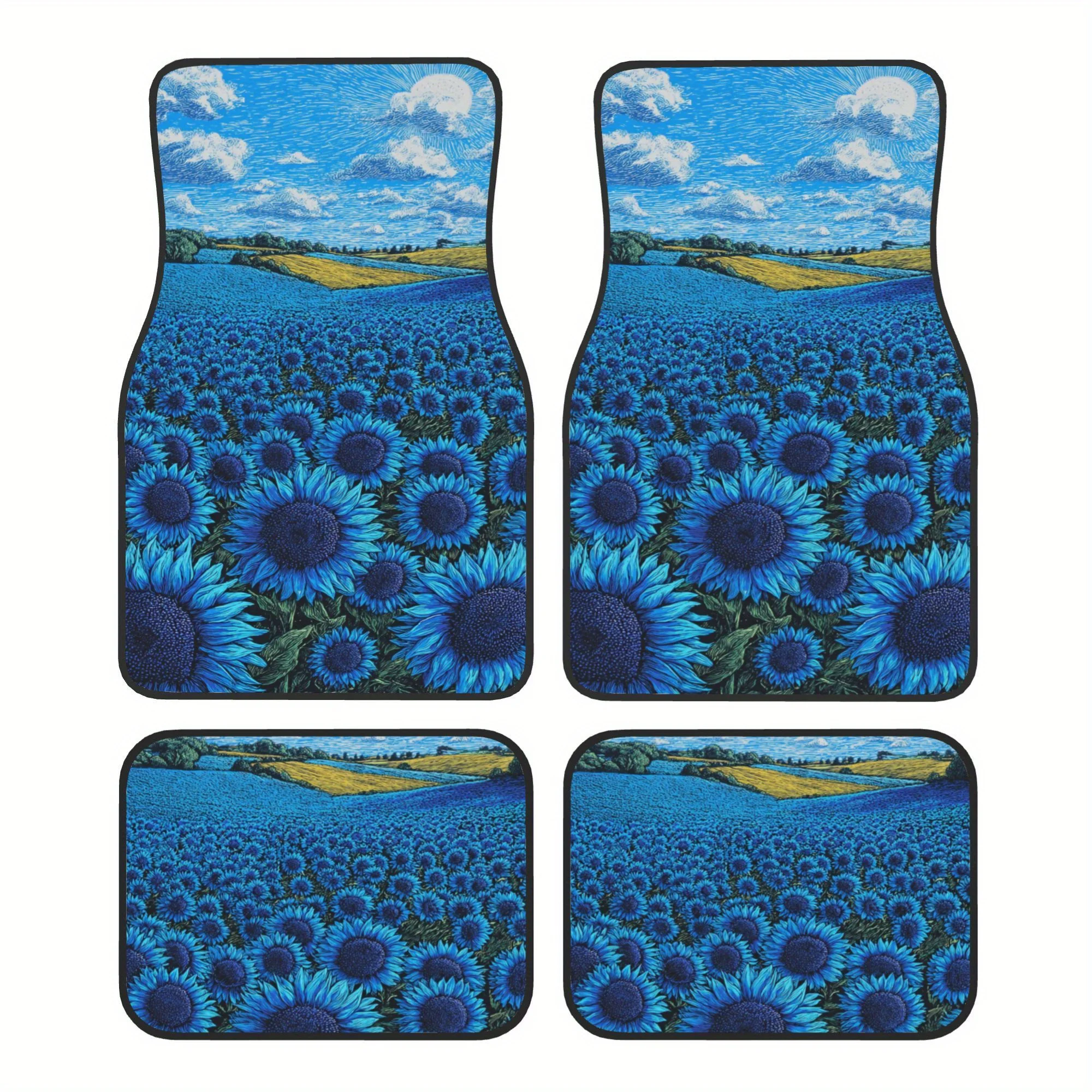 4pcs Blue Sunflower Field Pattern Car Floor Mats, Universal For All Vehicles, Front& Rear Use