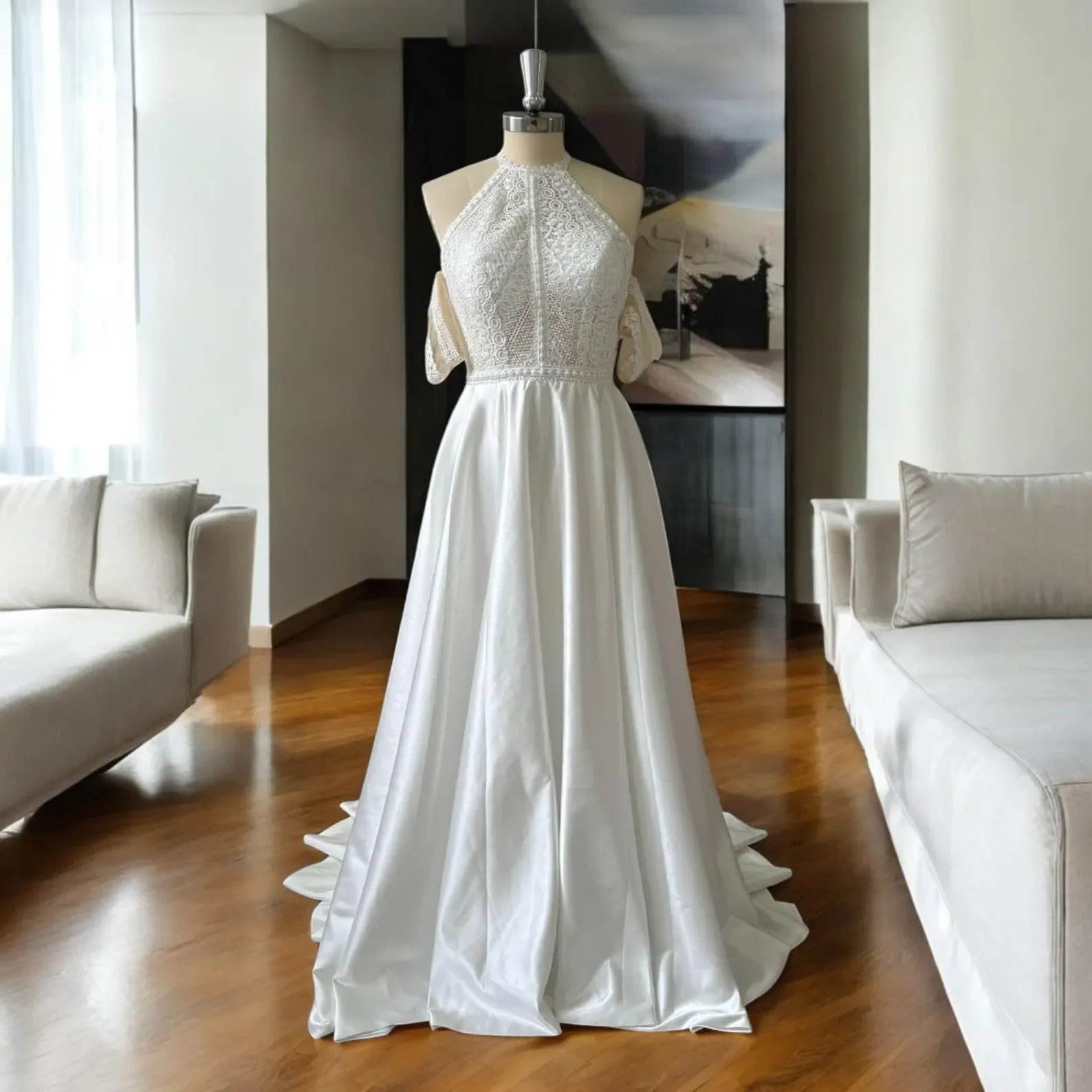 

Customized Wedding Dress 2025 Women's High Collar Lace Top Dress with Off Shoulder Sleeve Design Off Back Satin A-line Skirt