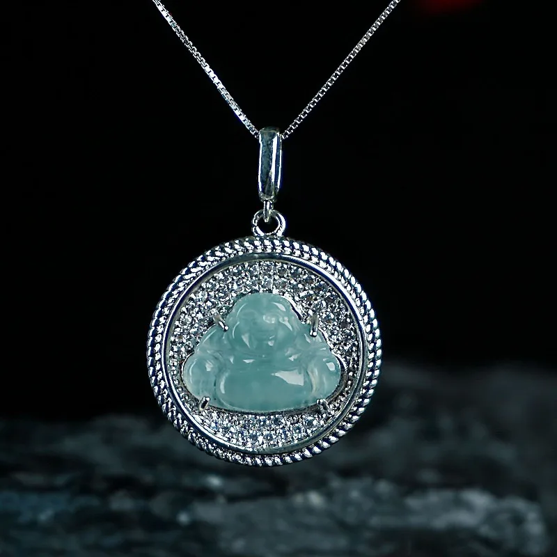 

Серебряный кулон S925 с натуральным нефритом и голубым изумрудом, Будда Майтрея, резной амулет, модное ювелирное украшение, подарок