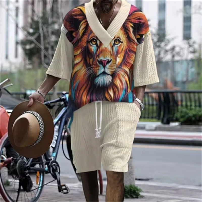 

Summer bestseller Men's 3D digital printed jacquard short-sleeved 2-piece set, personalized pattern, men's knitted suit